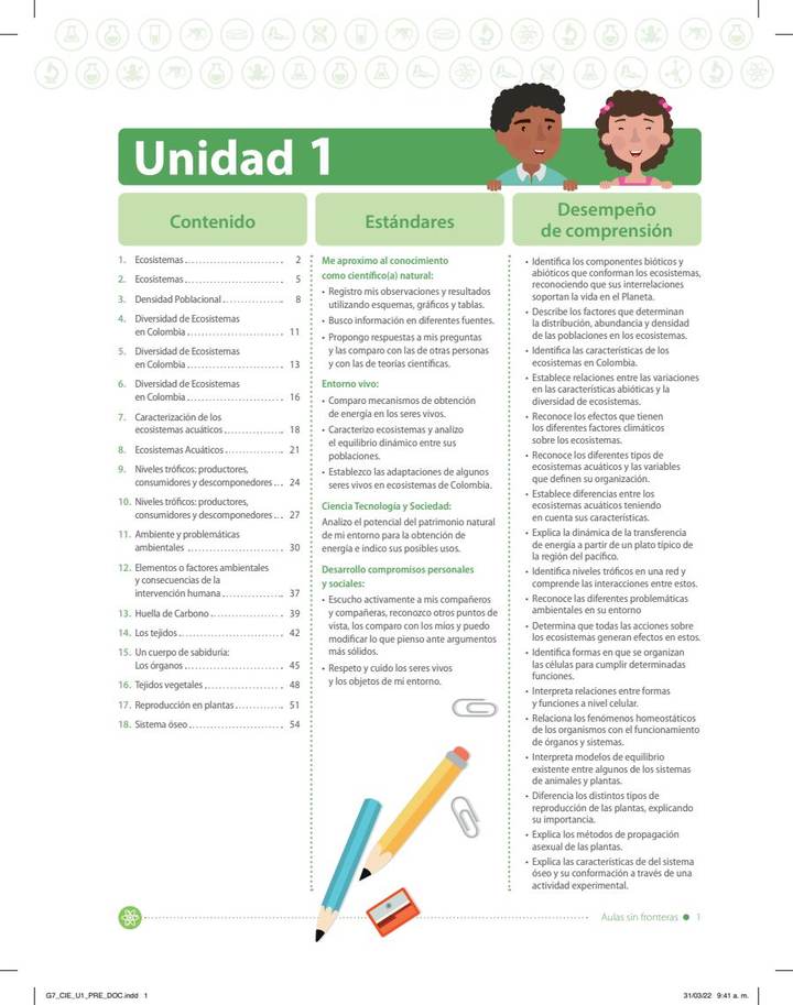 Índice de Ciencias Naturales 7° - Aulas Sin Fronteras - B1 Docente