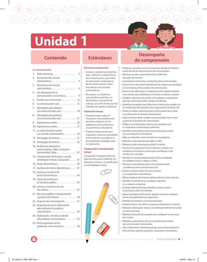 Índice de Lenguaje 7° - Aulas Sin Fronteras - Bimestre 1 Docente