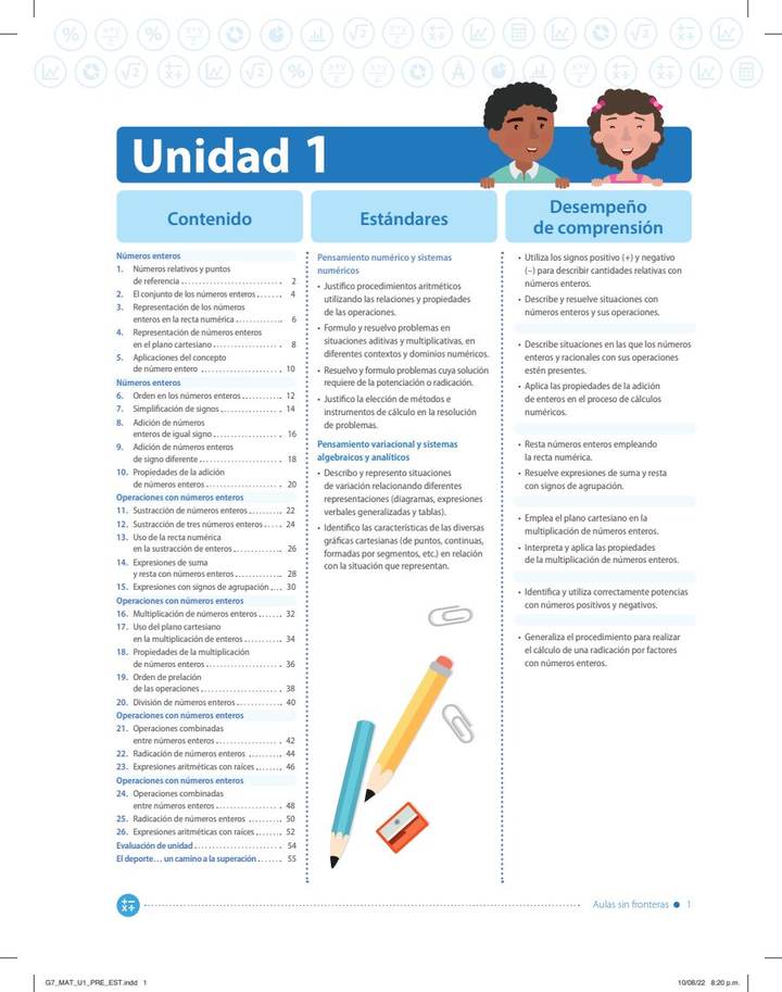 Índice de Matemáticas 7° Grado - Aulas Sin Fronteras - Bimestre 1 - Guía del Estudiante