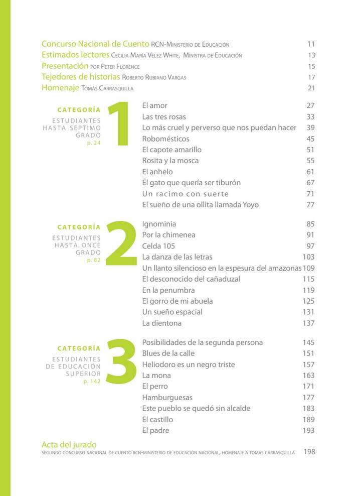 Literatura 6° a 11° Grado - Colombia Cuenta - Cuentos Ganadores 2008 (MEN) PDF 3 Índice de Literatura 6° a 11° Grado - Colombia Cuenta - Cuentos Ganadores 2008