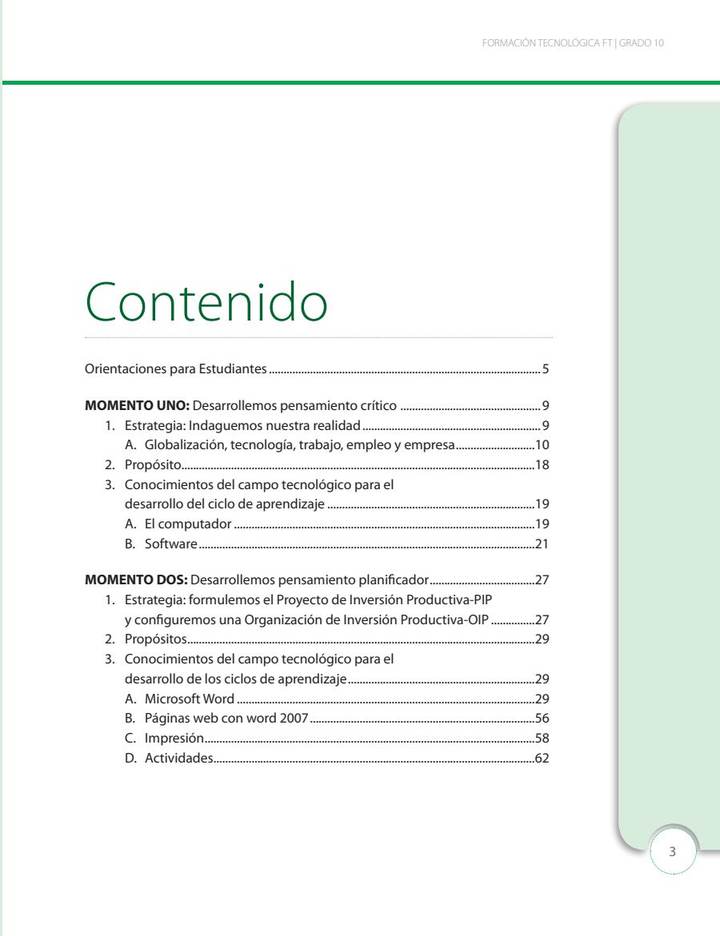 Tecnología 10° Grado - EMER - Formación Tecnológica (MEN) PDF 3 Índice de Tecnología 10° Grado - EMER - Formación Tecnológica