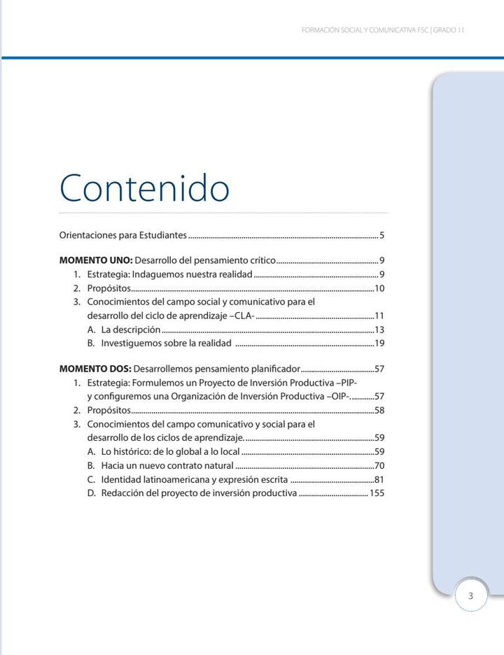 Índice de Ciencias Sociales 11° Grado - EMER - Formación Social