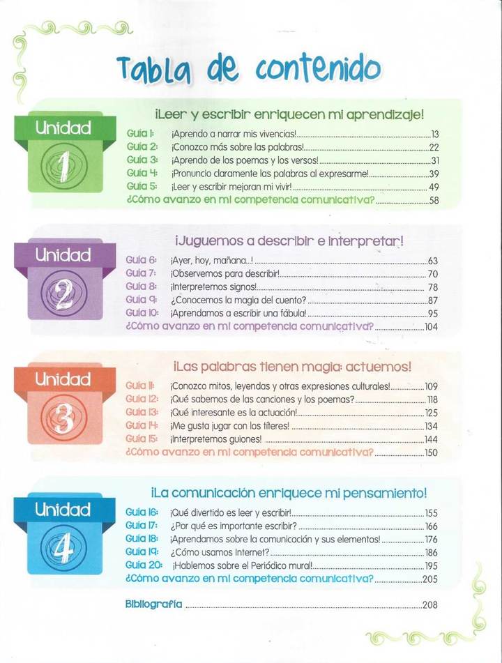Índice de Lenguaje 3° Grado - Escuela Nueva Activa - Guías de Aprendizaje