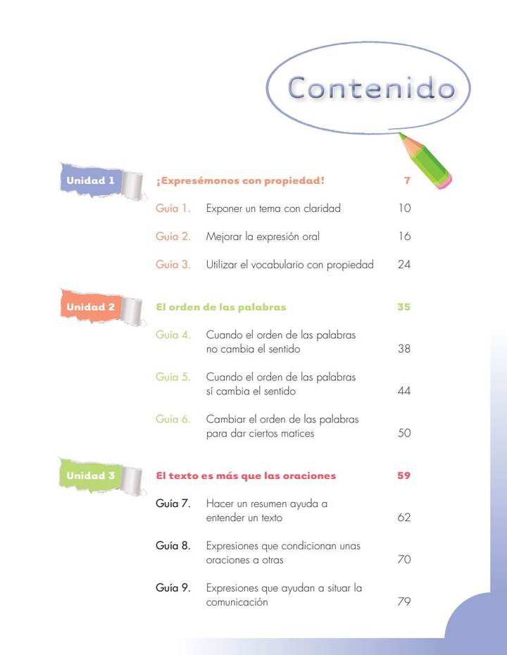 Índice de Lenguaje 5° Grado - Escuela Nueva - Primera Cartilla