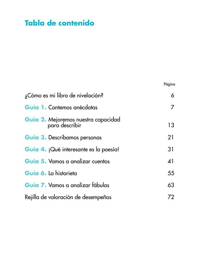 Índice de Lenguaje 3° Grado - Nivelemos - Libro del Estudiante