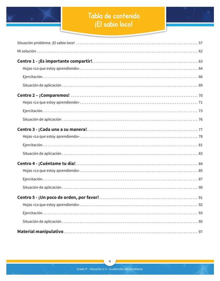 Índice de Matemáticas 4° - PREST - Cuadernillo Situaciones 1, 2 y 3