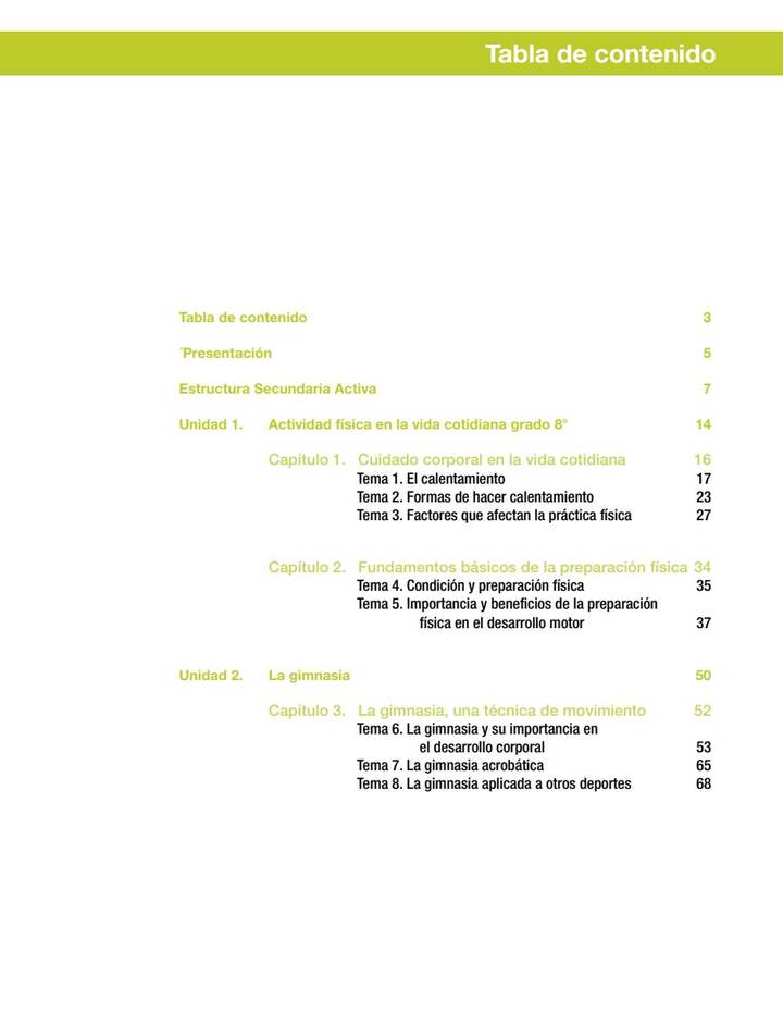 Índice de Educación Física 8° - Secundaria Activa - Libro