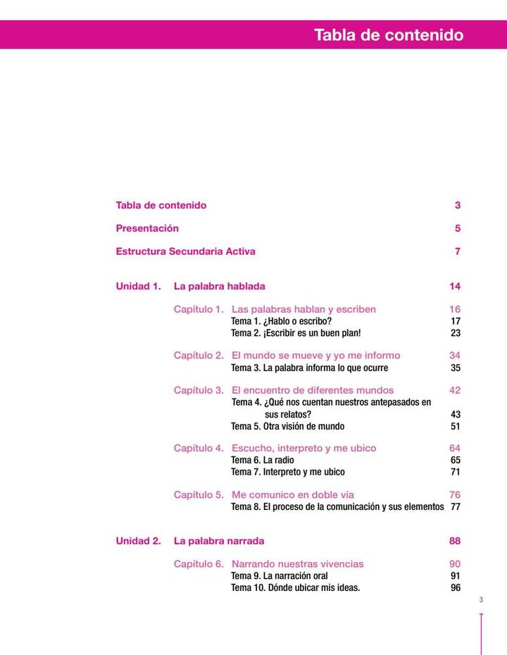 Índice de Lenguaje 8° - Secundaria Activa - Libro del Estudiante
