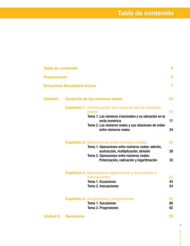 Índice de Matemáticas 9° - Secundaria Activa - Libro