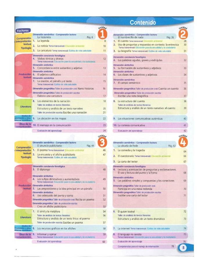 Índice de Lenguaje 4° Grado - Vamos a Aprender - Cuaderno