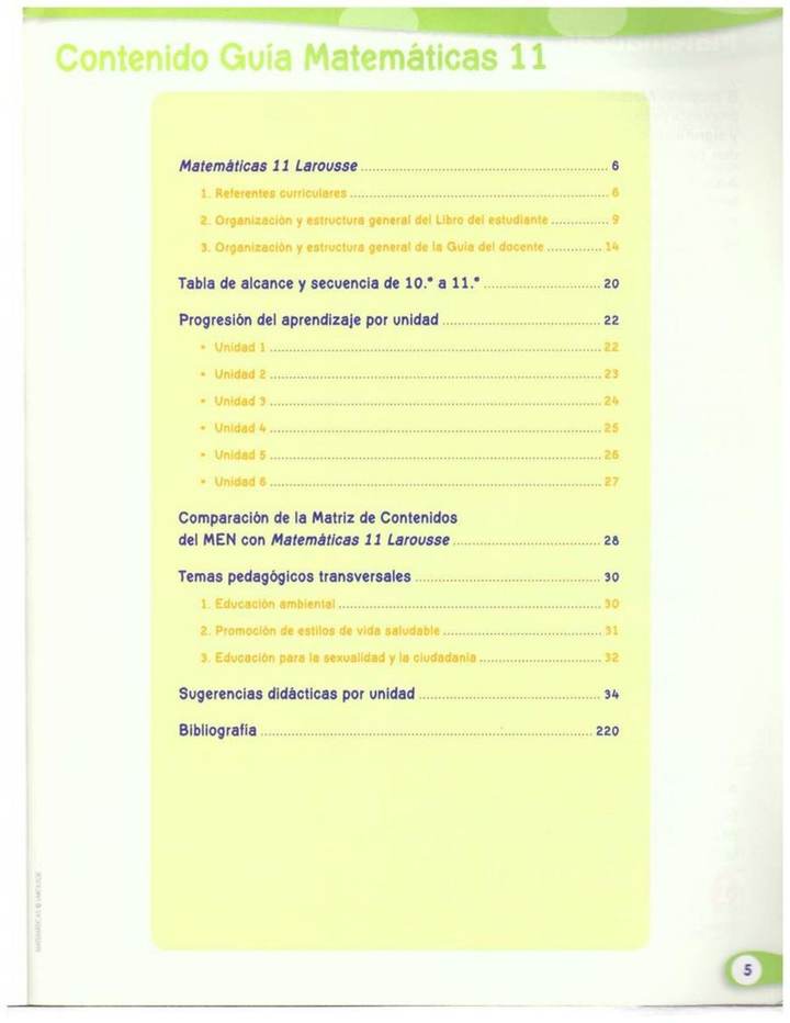 Índice de Matemáticas 11° Grado - Vamos a Aprender - Guía Docente